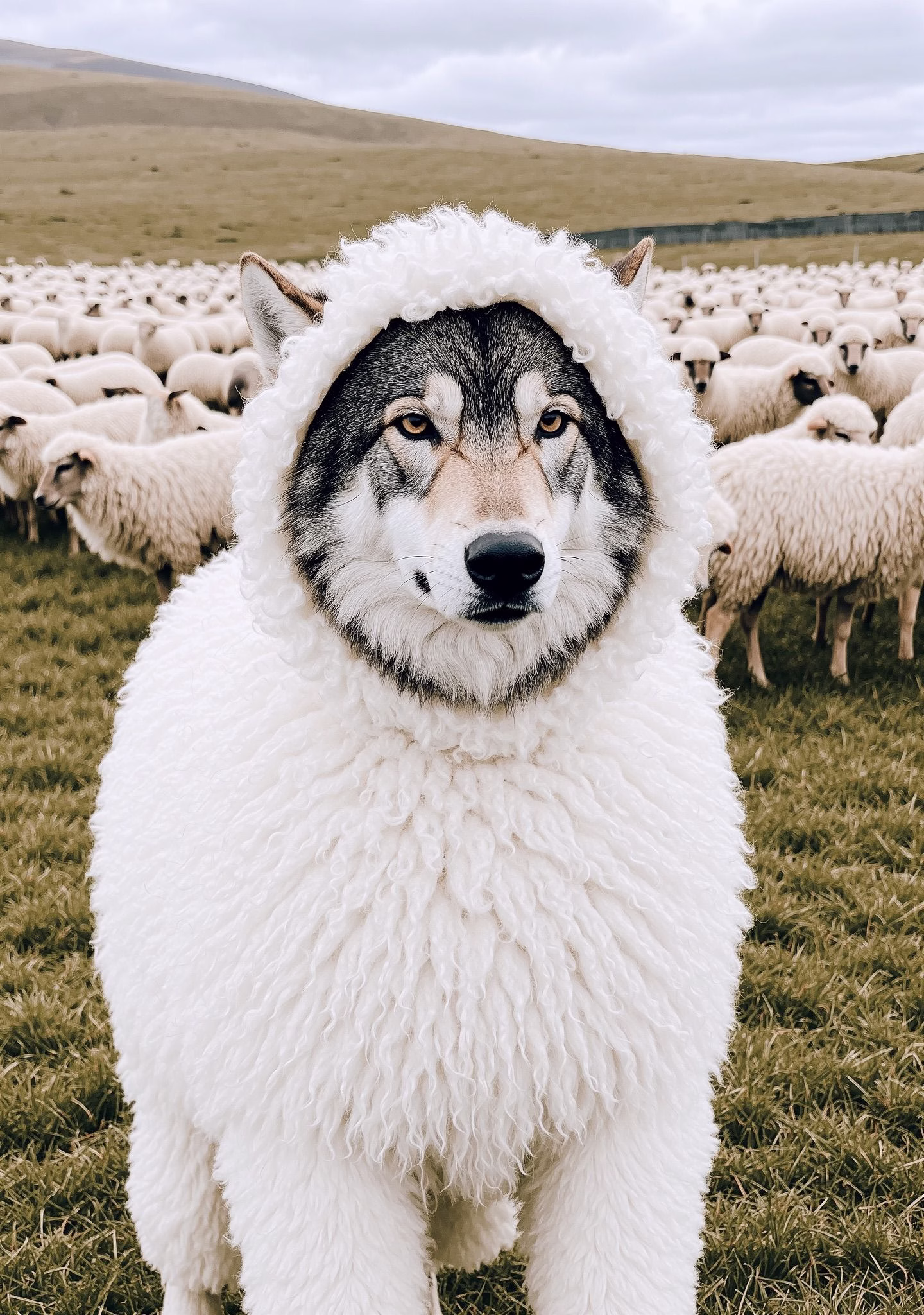 Flux Klein wolf wearing sheep costume, whimsical style